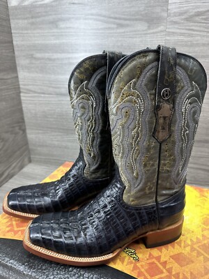 Men's Tanner Mark Boots Black Caiman Cowboy Western Square Toe SZ