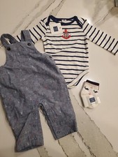 Janie and Jack - 3 Piece Overall Set, Bodysuit, Overalls  Socks - Size 0-3M NEW