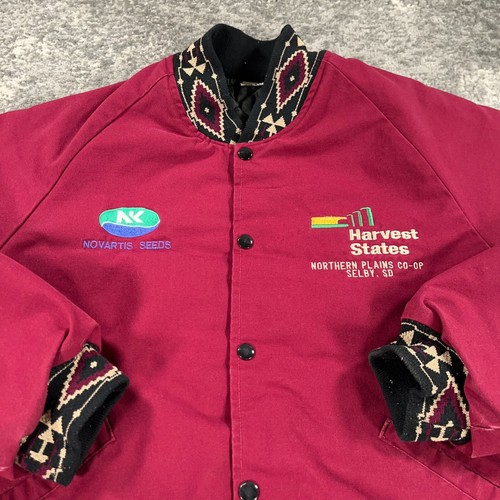 Vintage Aztec Bomber Jacket Mens XL Red Twill 80s 90s USA Made Farmer Seed Ranch - Picture 2 of 16