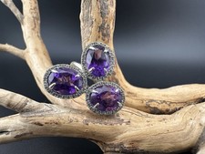 VTG 925 Sterling Silver Vintage Ring 3 Oval Cut Amethysts W/Halo Topaz Sz 7.5