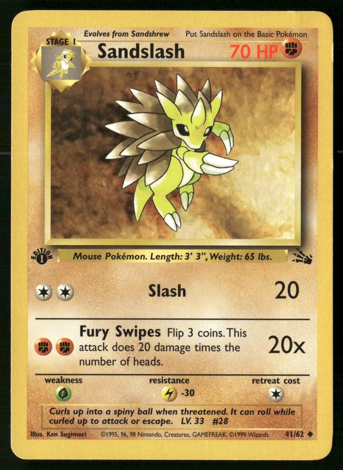 Sandslash 41/62 Uncommon Fossil Pokemon 1st Edition DMG