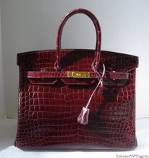 Elegant~~Hermes 35cm Bordeaux Shiny Porosus Crocodile Birkin GHW Authenticated