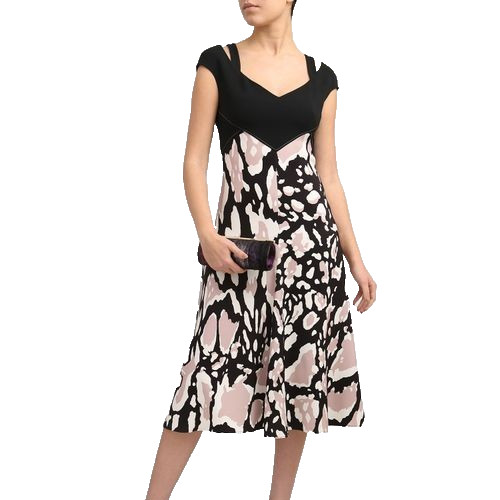 ROBERTO CAVALLI Black, White & Mauve Printed Midi Dress - Size 40