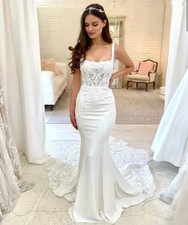 Lace Mermaid Wedding Dresses Square Collar Satin Appliques Court Train Bridal