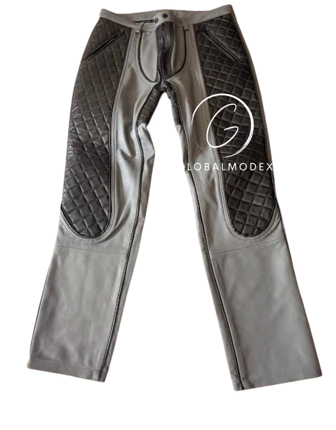 Men's Gray & Black Genuine Leather Biker Pants Quilted Motorcycle Riding Trouser