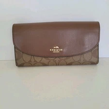 Coach Brown Wallet Envelope Card Bill Logo Crossgrain Large F54022 Leather 