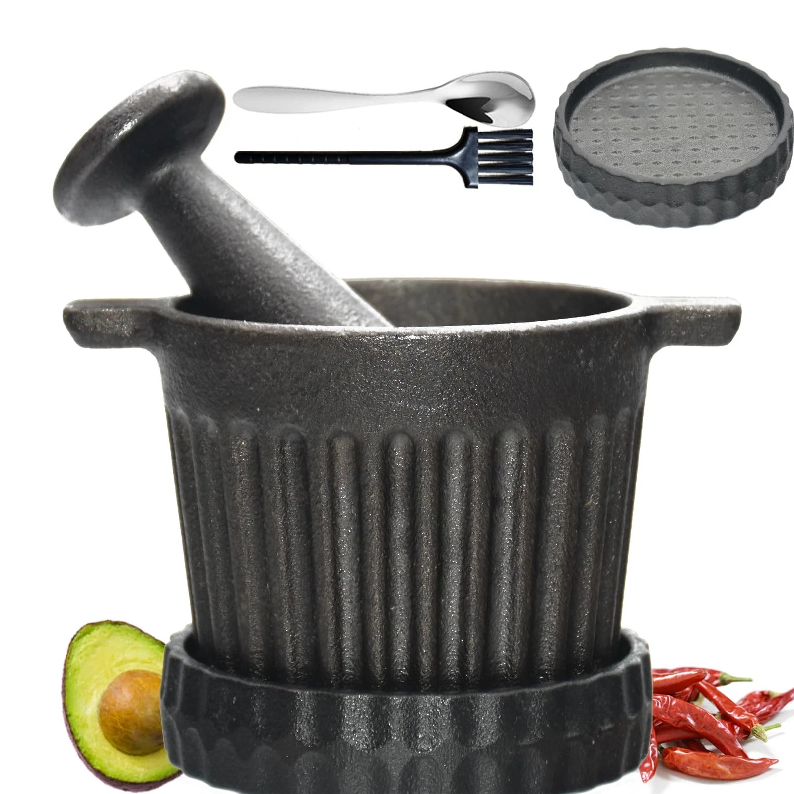 Cast Iron Mortar and Pestle & Garlic Grater Plate Set, Guacamole Bowl and Mas...