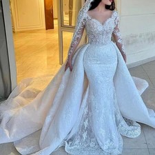 Elegant Mermaid Wedding Dress Detachable Train Lace Long Sleeved Bridal Gown