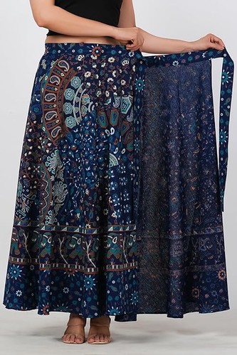 Jaipuri Print Cotton Long Wrap Skirt for Women, Free Size, Peach, Pack of 1