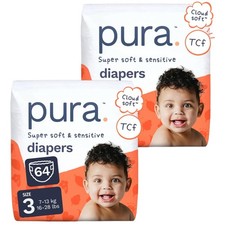 Pura Baby Diapers Size 3-64 Count 16-28Lbs 12Hr Leak Protection Diapers For