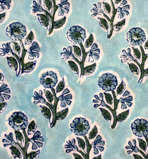 Turquoise Blue Green Floral Indian Block Print By the Yard Fabric for Sewing