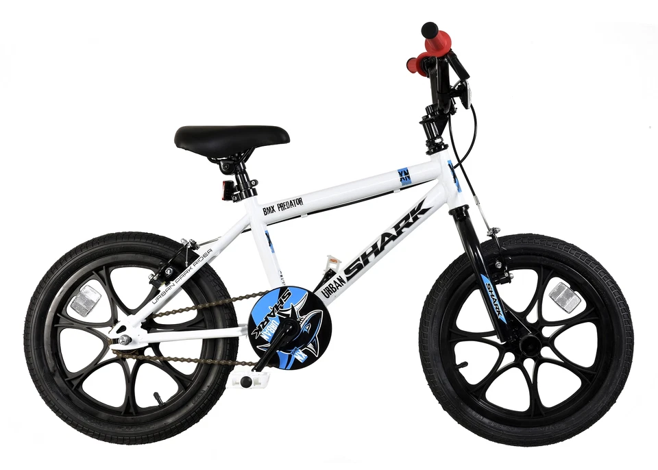 XN Urban Shark 16" BMX Kinderfahrrad MAG Radfahren mit 2 Stuntstiften weiß schwarz