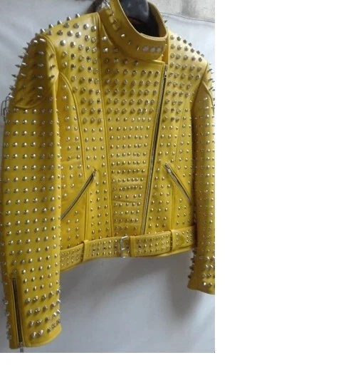 Yellow Studded Jacket Handmade Biker Leather Jacket, Silver Spiked Jacket - Image 2 of 4