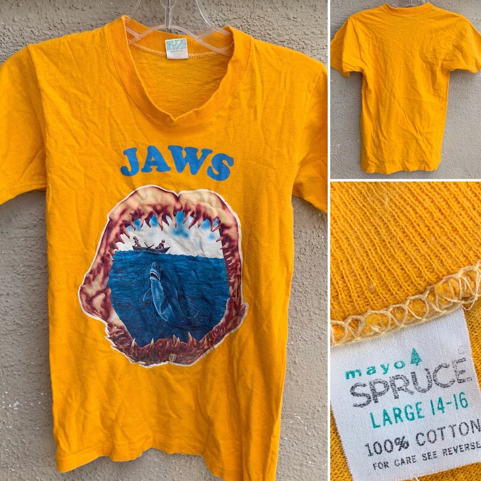 Vintage JAWS T-Shirt Yellow Mayo Spruce Single Stitch Iron On Graphics L 14 16 - Image 3 of 4