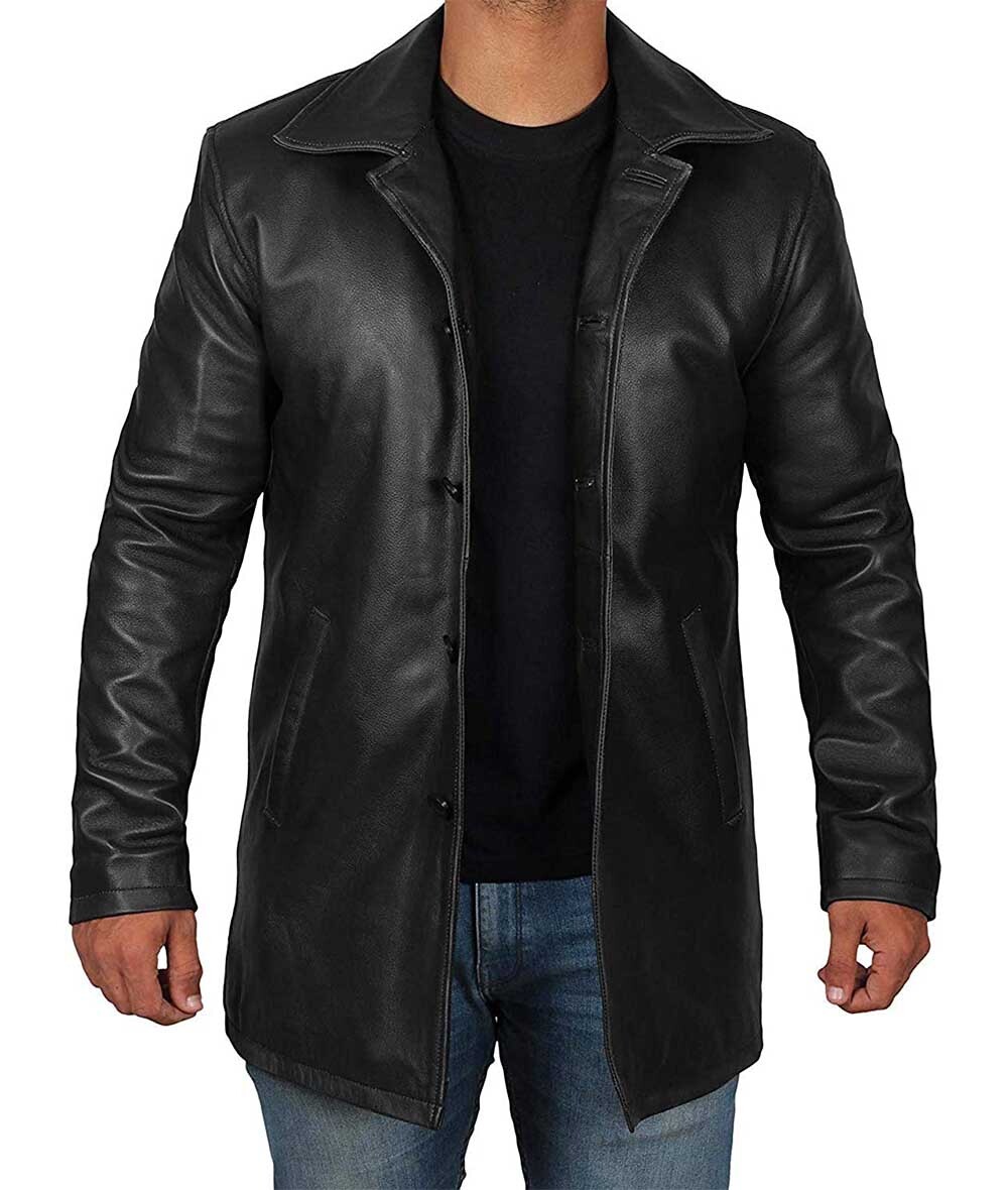 Men`s Premium Long Coat Button Closer Black Real Sheep Leather Jacket Sheep Skin