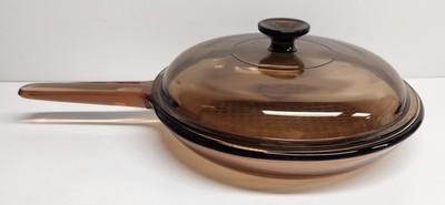 Pyrex Corning Vision Ware Amber 10  Skillet Fry Pan Waffle Bottom Lid Free Ship
