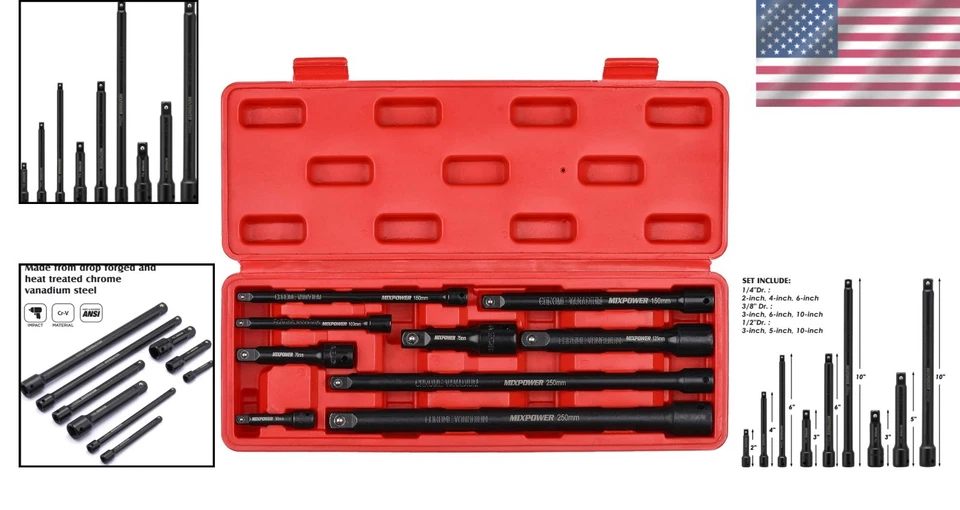 Extension Bar Set Chrome Vanadium 9-Piece Impact Drive Socket Organizer - Image 2 of 4