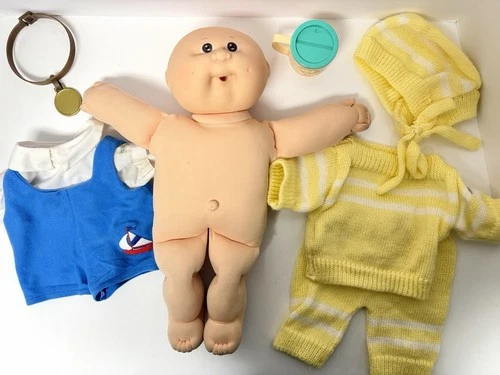 Vintage Cabbage Patch Kids Preemie Doll Bald Coleco 1982 2 Outfits Cup Collar