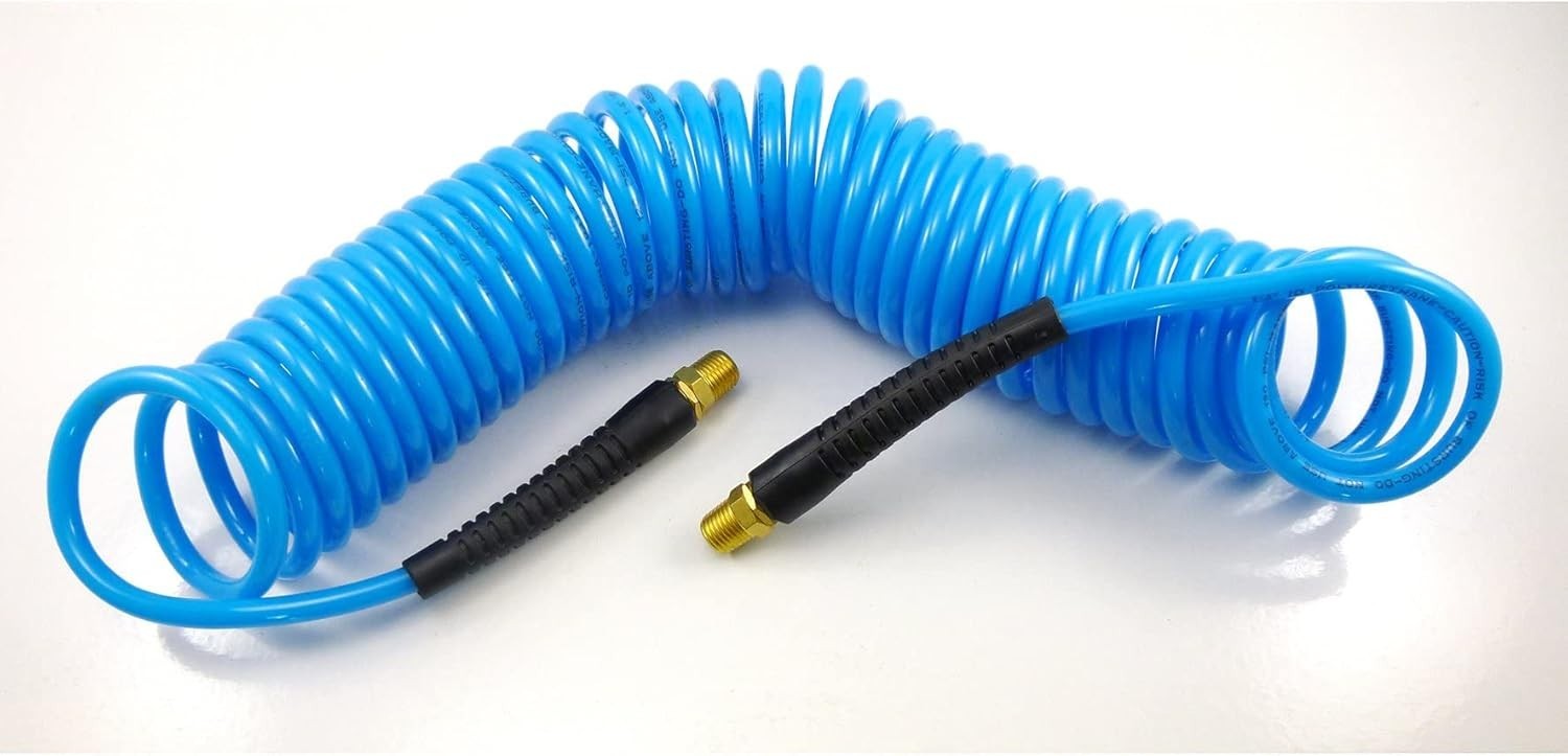 DYNAMIC POWER PU Recoil Air Hose With Blow Gun. 1/4 inch by 25 Feet 200PSI.