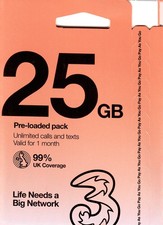 Three UK New PrePaid Europe SIM Card 25GB Data Un Minutes/Texts for...