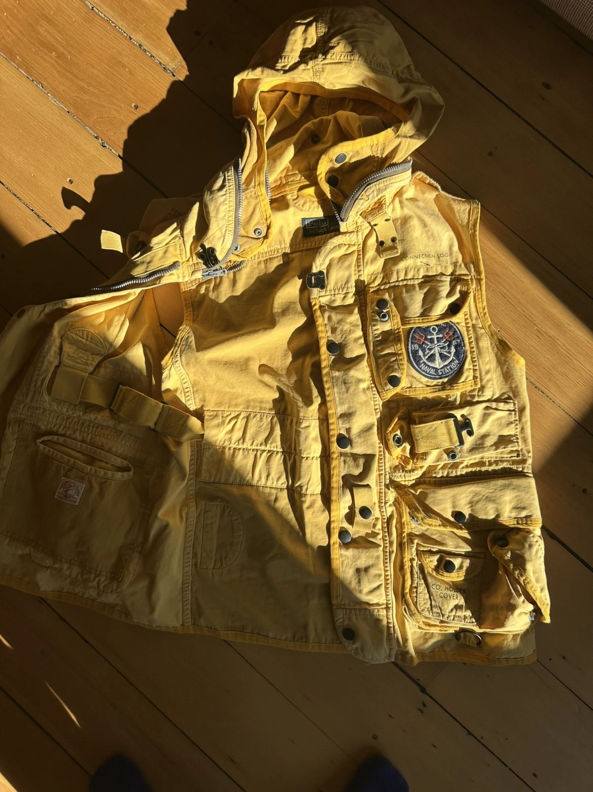 Vintage Polo Ralph Lauren USRL Naval Station Utility Vest Yellow M Hooded