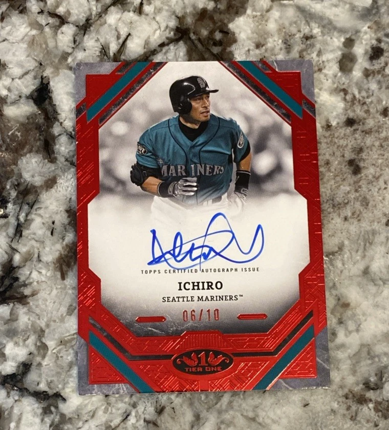 Ichiro Suzuki 2025 Topps Tier One rojo lámina en tarjeta automática 06/10 Seattle Mariners Foto 3 de 4