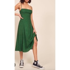 Reformation Green Black Leopard Print Midi Dress Square Neck Spaghetti Strap 4