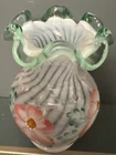 Fenton Meadow Beauty Vase Opalescent Feather Swirl Mist Green Ruffled Rim Signed