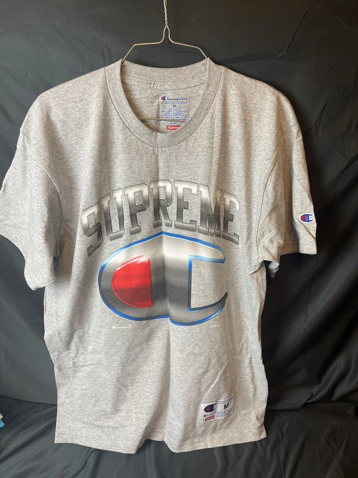 T shirt logo Supreme SS19 Champion Chrome taille moyenne gris bruyère 100 % authentique