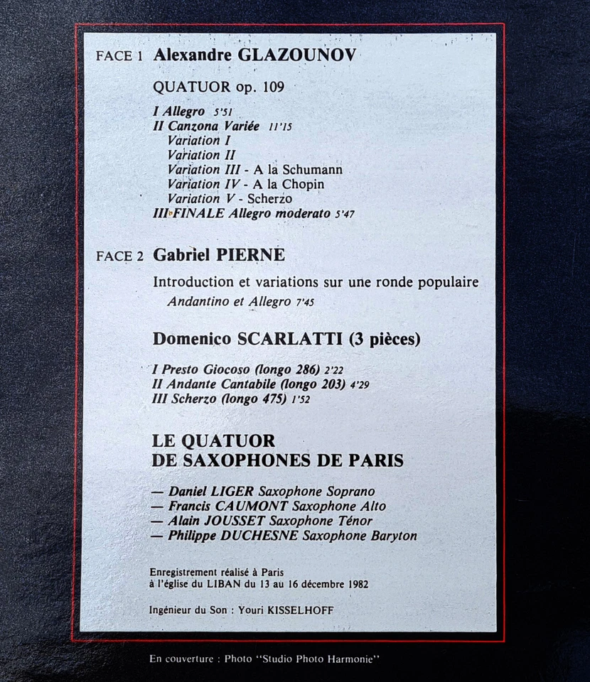 LP Vinyl - QUATUOR DE SAXOPHONES DE PARIS - ADDA AD 40 - MUSIQUE DE CHAMBRE - Photo 3/3