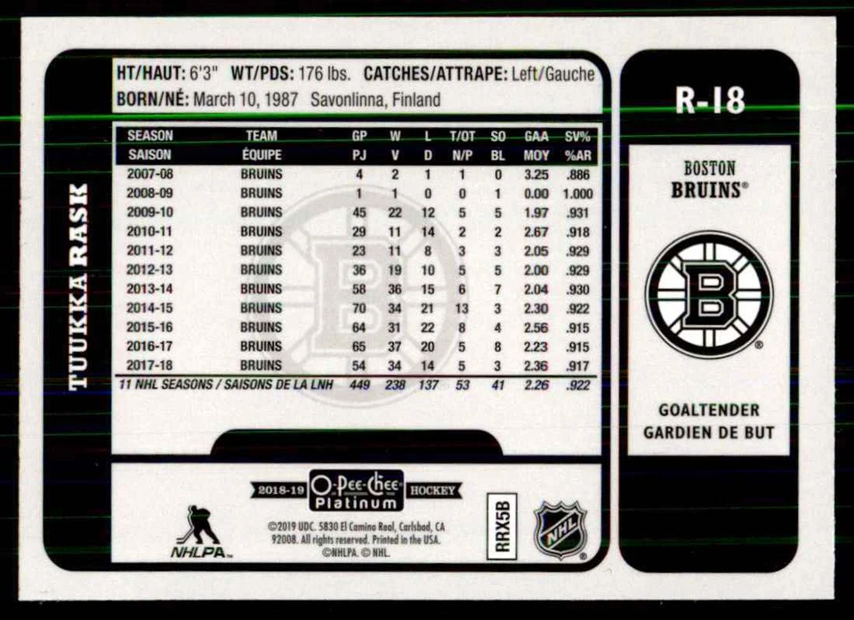 2018-19 O-Pee-Chee Platinum Retro Tuukka Rask #R18 - Image 2 of 2