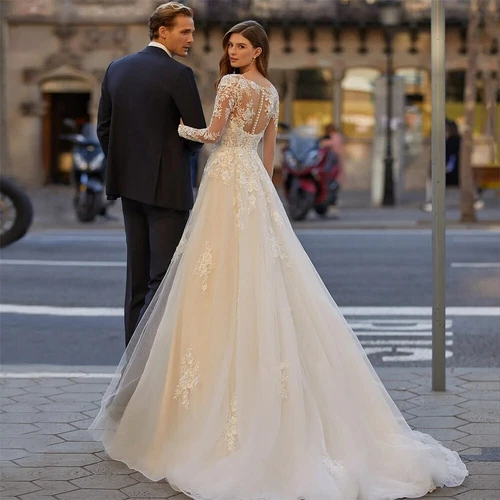 Elegant A-Line Wedding Dresses V-Neck Long Sleeves Lace Appliques Bridal Gowns - Picture 2 of 8
