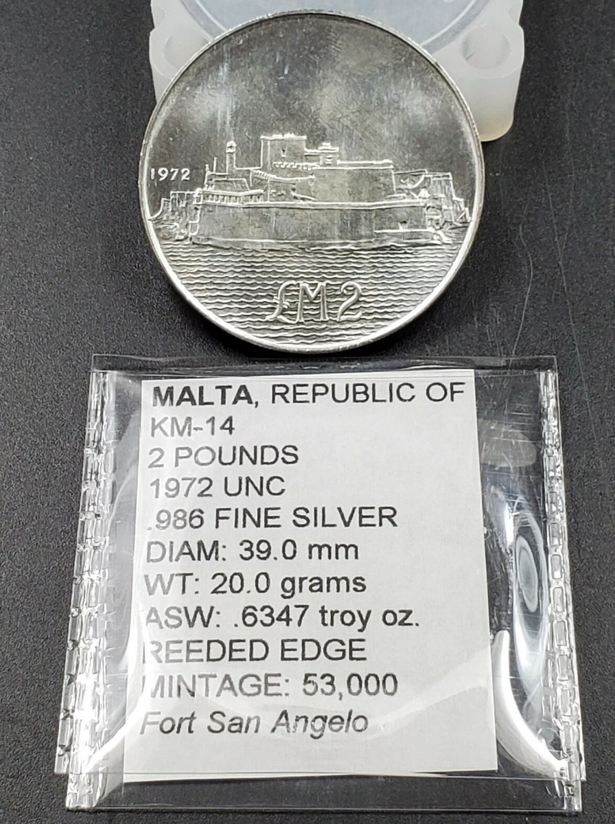Malta 2 Lira 1972 KM-14 Silver Coin Fort San Angelo Choice / Gem