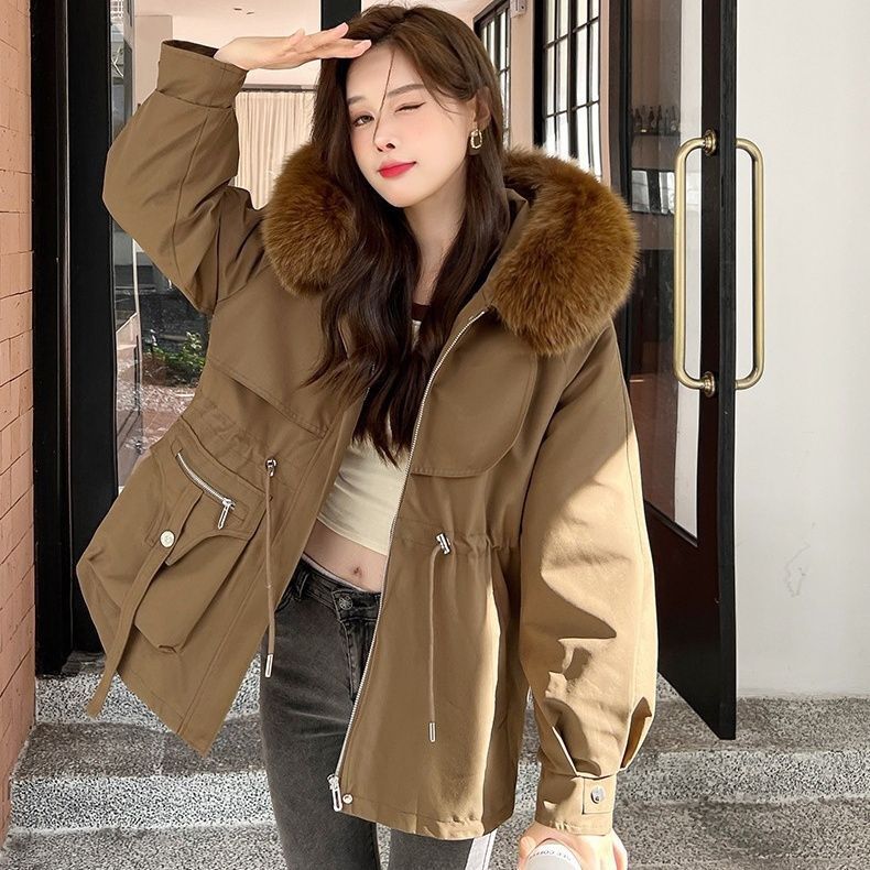 Hooded Womens Real Rabbit fur Lined Parka Zipper Fox Fur Col