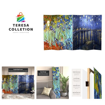 6 ft. Tall Double Sided Works of Van Gogh Canvas Room Divider - Irises/Starry...