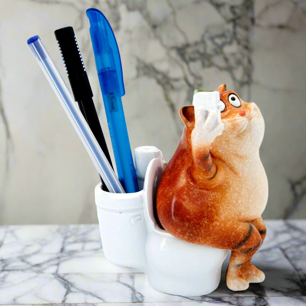 Ceramic Ginger Fat Cat Shelf Sitter Ornament Pen Holder Sculpture Figurine Gift