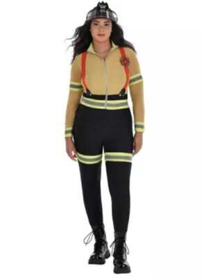 WOMENS FIREFIGHTER HALLOWEEN COSTUME~PLUS~XXL~CATSUIT & BADGE fireman firewoman