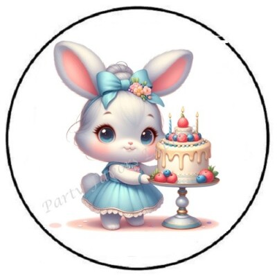 BUNNY WITH CAKE BIRTHDAY ENVELOPE SEALS LABELS STICKERS PARTY FAVORS