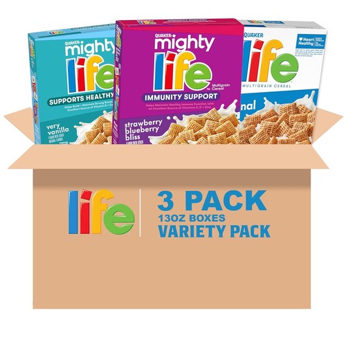 Quaker Mighty Life Multigrain Cereal, 3-Flavor Variety Pack, 3 Boxes