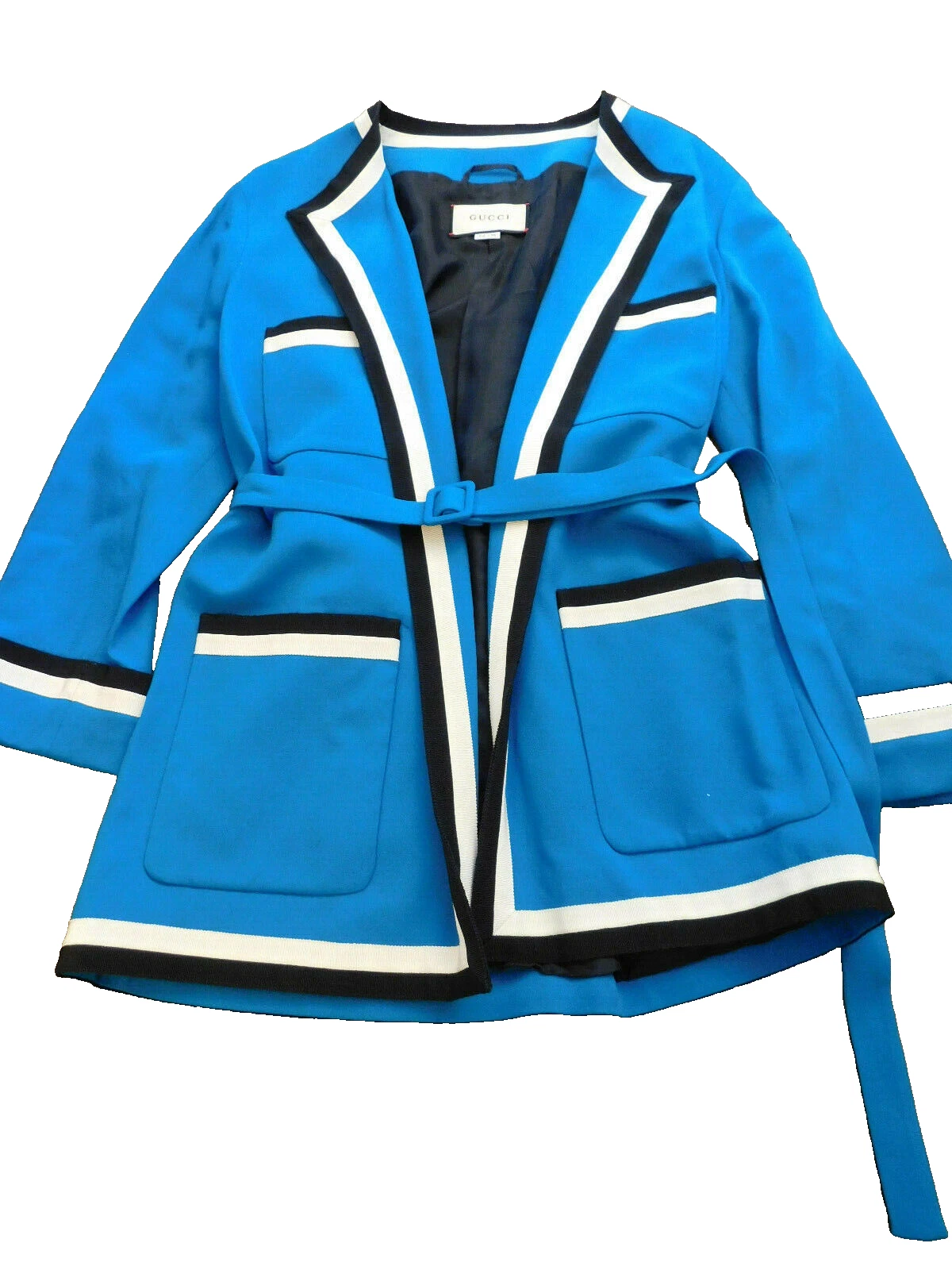 Veste à ceinture de viscose Gucci cardigan blazer sarcelle avec garniture noire blanche 36 avec poches