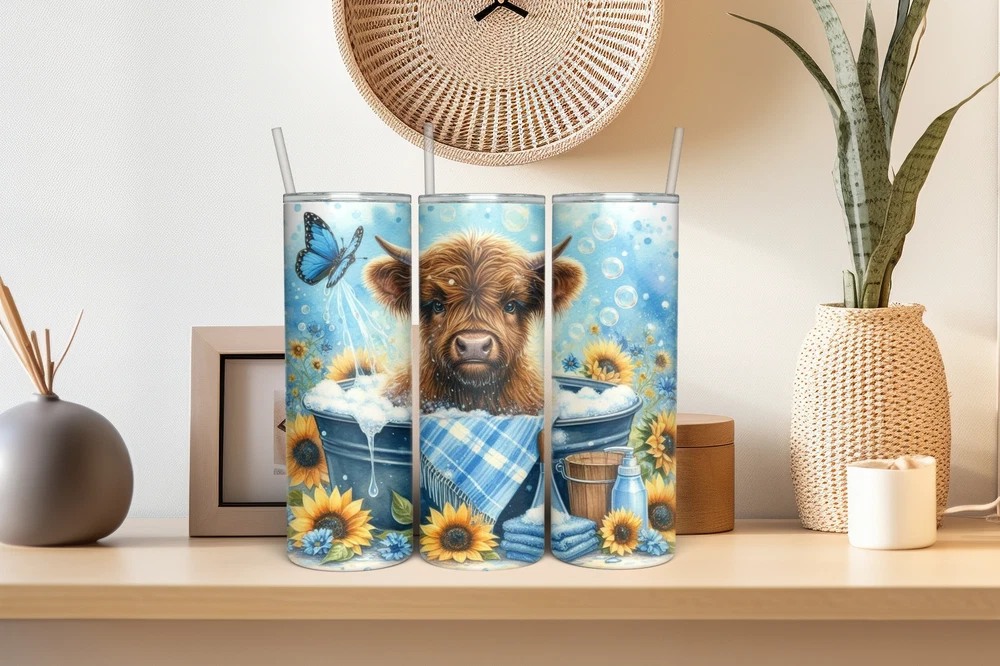 Tumbler Skinny 20oz  w/ Lid & Straw     HIGHLAND COWS !!