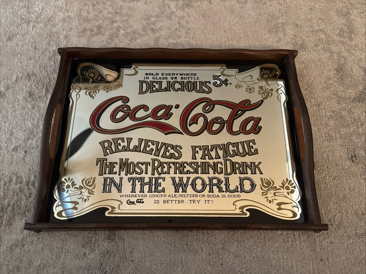 Vintage 1970's Coca-Cola original wood mirror tray 16