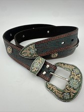 Nocona Western Painted Tooled Leather Belt - N3411208 Leather Rhinestones Sz L