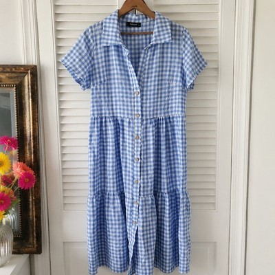 Vaiaye Blue Gingham Tiered Midi Dress Cottagecore Prairie Viscose Blend S