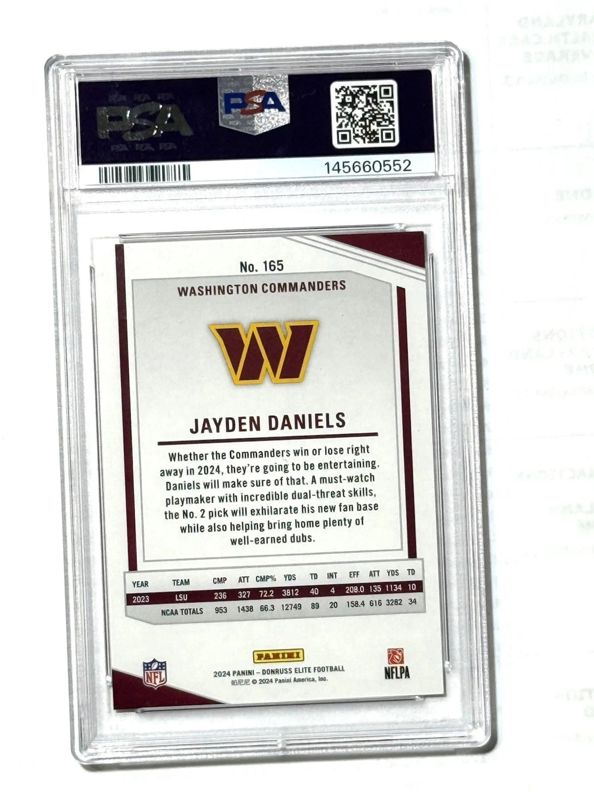 2024 Donruss Elite #165 Jayden Daniels Orange /399 RC PSA 9 MINT Washington view 2