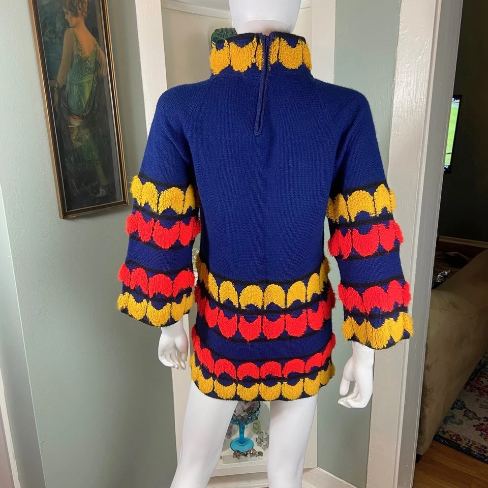 Vintage 60s 70s Mod Geometric Tunic Micro Mini Sweater Shift XS/S Wide Sleeve - Image 2 of 4