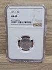 1943 1C Lincoln Steel Wheat Cent NGC MS 64 Slab