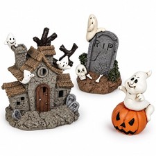 3-Piece Halloween Shelf Decor Set Resin Haunted House, Ghost Pumpkin RIP ...