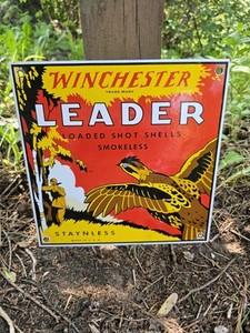 1950'S VINTAGE WINCHESTER LEADER PORCELAIN SIGN GUN AMMO 10" X 10"