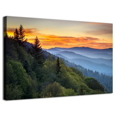 ''Sunrise Smoky Mountain Wall Art - Blue Ridge Forest Canvas 12x16'' Decor''